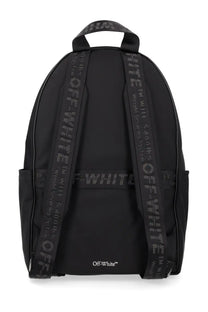 Off-white men’s zaino full arrow black backpack shown from the back with signature logo tape on straps and panel