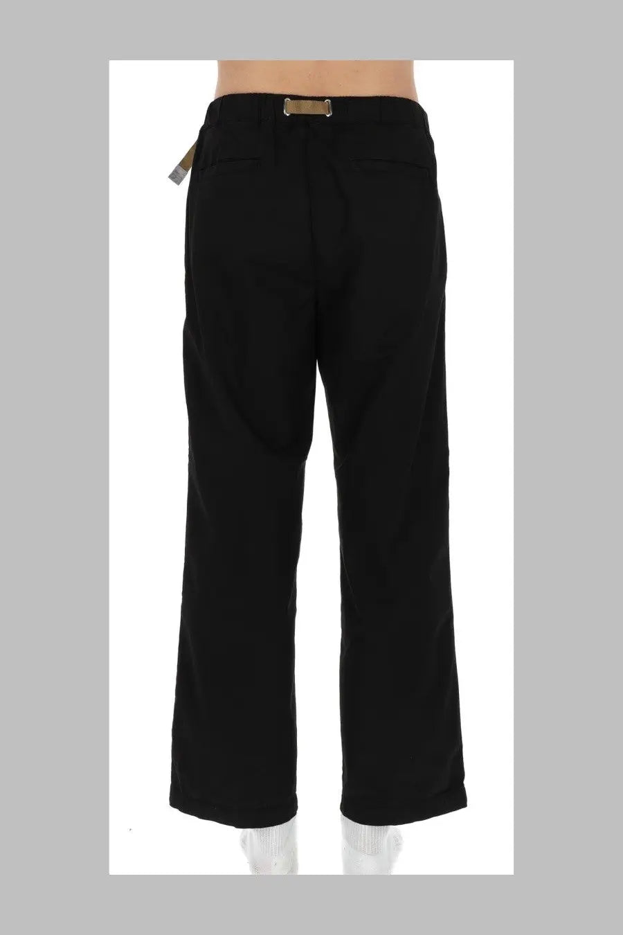 Black straight-leg pantalone con cintura with gold-tone belt buckle and tag on waistband by white sand menswear