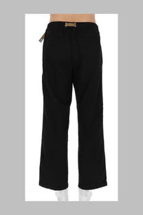 Black straight-leg pantalone con cintura with gold-tone belt buckle and tag on waistband by white sand menswear