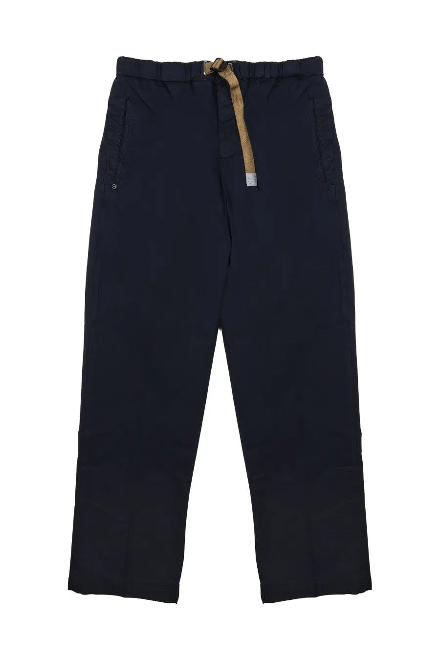 White sand men’s pantalone in blue cotton featuring dark navy trousers with elastic waist tan drawstring and side pockets