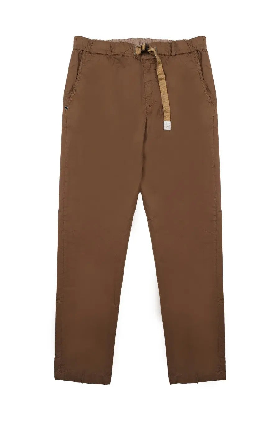 White sand men’s brown cotton cargo pants with elastic waistband and tan drawstring belt