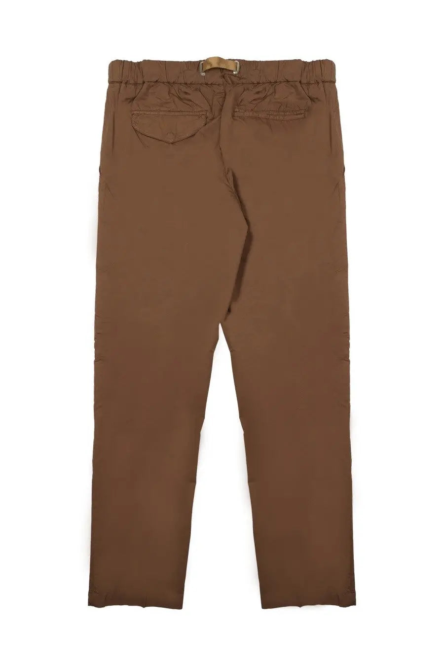 Brown elastic-waist cotton trousers with subtle texture and two back pockets shown from the back side