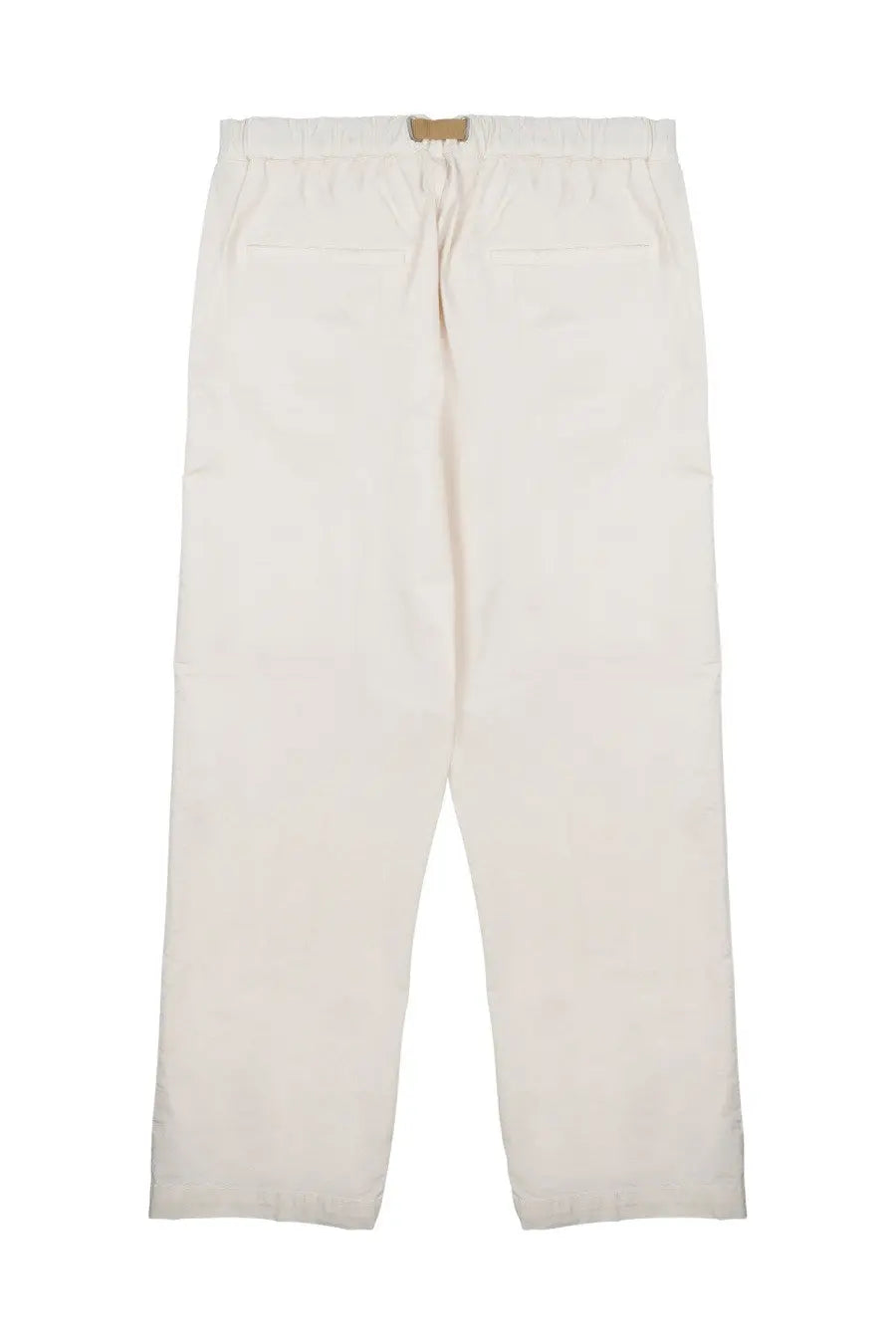 Back side of cream-colored white sand men’s relaxed-fit cotton pantalone with elastic waistband and two back pockets