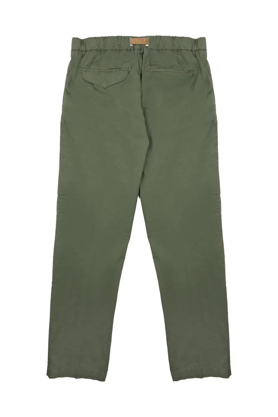 Back view of olive green white sand men’s cotton chino pants with elastic waist two back pockets and tan belt loop