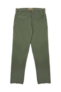 Back view of olive green white sand men’s cotton chino pants with elastic waist two back pockets and tan belt loop
