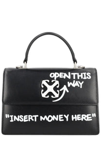 Black leather off-white women’s borsa jitney handbag with white graffiti text open this way insert money here