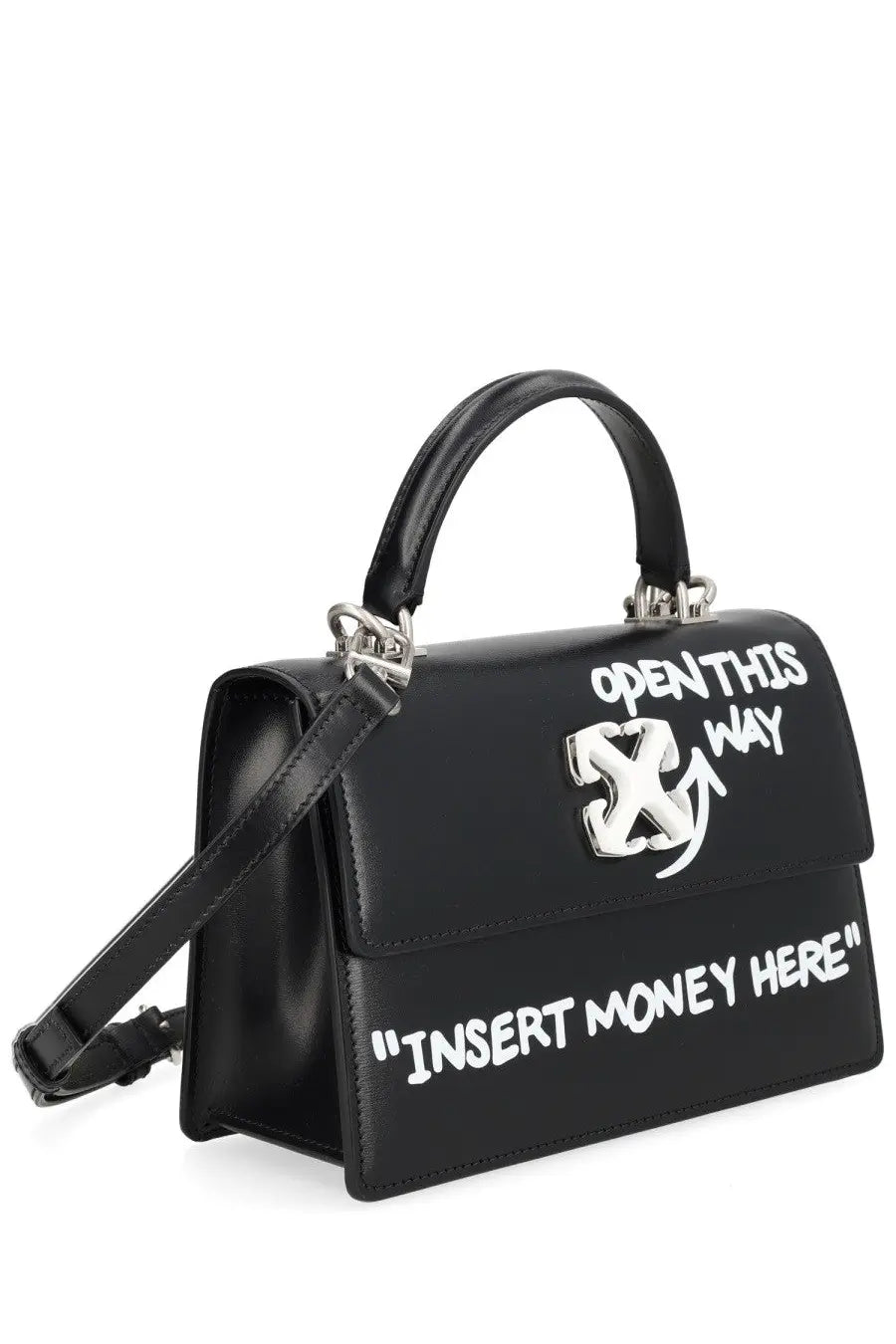 Off-White women’s black leather borsa jitney handbag with white graffiti style text and silver logo clasp