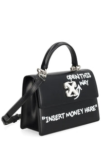 Off-White women’s black leather borsa jitney handbag with white graffiti style text and silver logo clasp