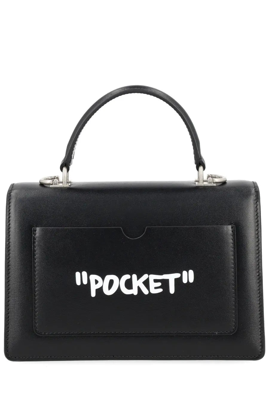 Off-white women’s borsa jitney black leather handbag with front pocket featuring bold white graffiti-style lettering pocket