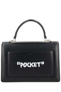 Off-white women’s borsa jitney black leather handbag with front pocket featuring bold white graffiti-style lettering pocket
