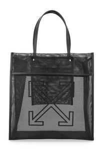 Off-White women’s borsa tote market black mesh tote bag with bold black and gray arrow logo