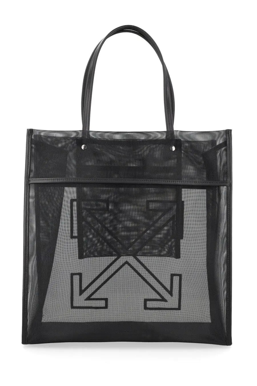 Off-White women’s borsa black mesh tote bag with bold black and gray arrow logo for market use