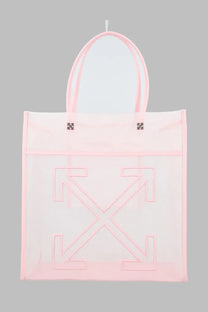 Off-White women’s borsa tote market bag in pink translucent material with embroidered arrow logo and metallic hardware accents
