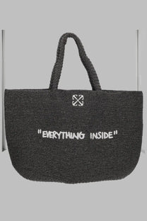Off-White women’s black woven rafia tote bag with white embroidered handles and everything inside embroidery