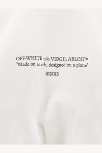 Off-white women’s white cotton sweatshirt with black text made on earth designed on a plane copyright 2013