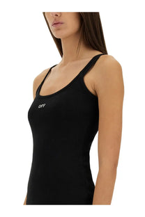 Off-white women’s black ribbed tank top with off embroidered in white on the left chest for casual wear