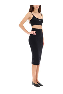 Off-white women’s black midi skirt and matching crop top set in sleek fabric for stylish casual wear