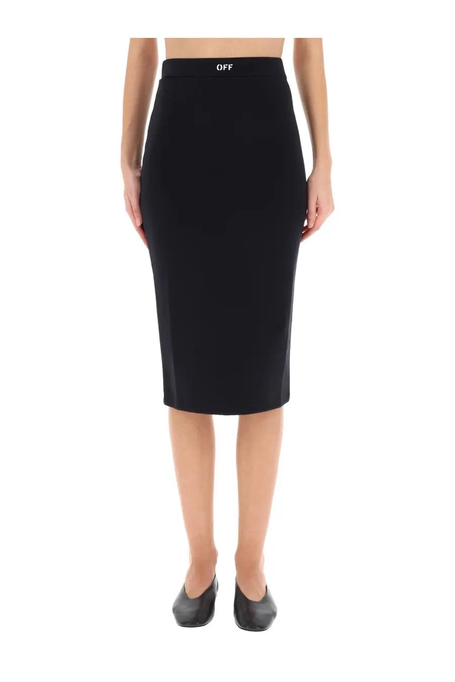 Off-white women’s black midi pencil skirt with fitted silhouette and white logo embroidered on waistband