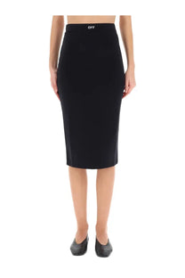 Off-white women’s black midi pencil skirt with fitted silhouette and white logo embroidered on waistband