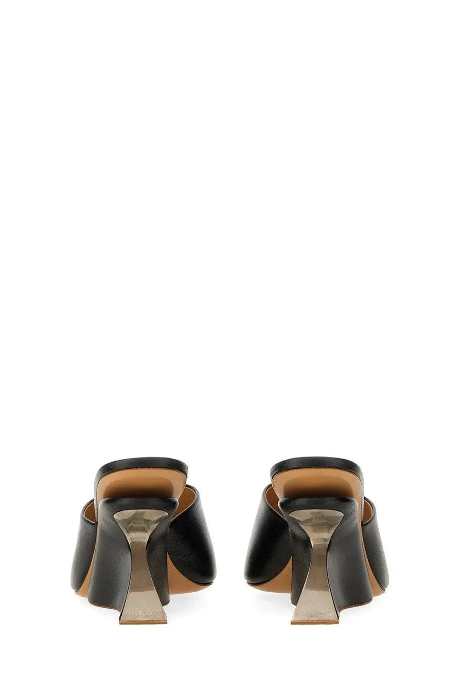 Off-White women’s black leather mules with sleek geometric heel and tan insole for stylish everyday wear