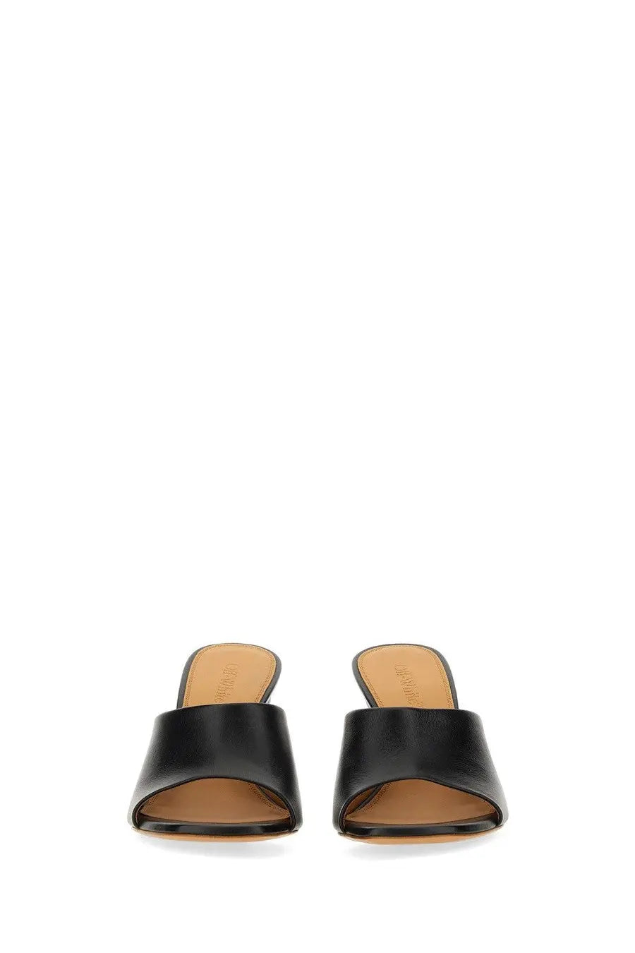 Off-White women’s black leather mule jug with a sleek minimalist design and low heel front view