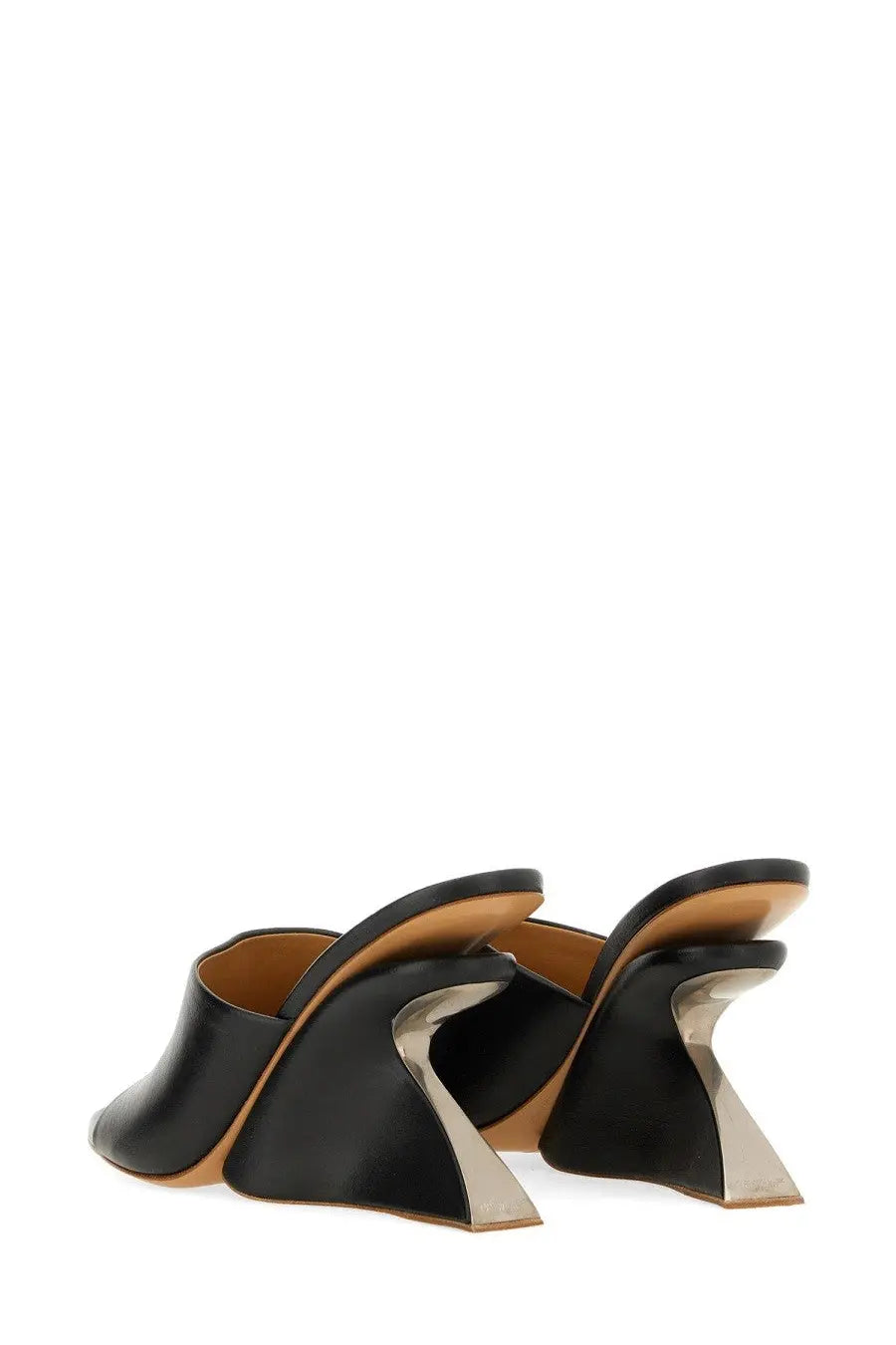 Off-white women’s black leather mules with a sleek sculpted heel featuring a metallic silver accent