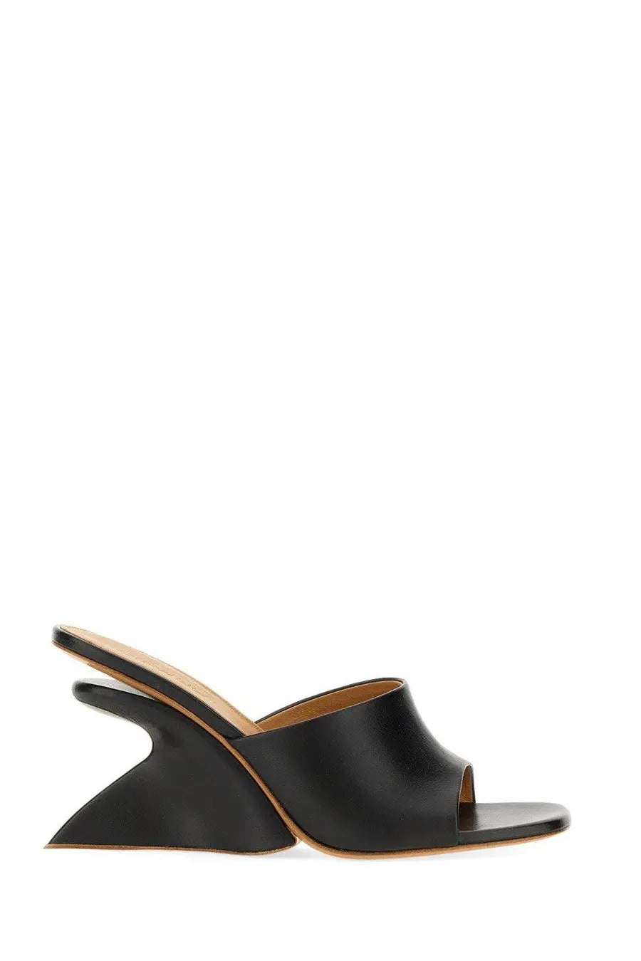 Off-White women’s black leather mule sandal with sculpted angular wedge heel perfect for stylish wear