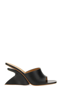 Off-White women’s black leather mule sandal with sculpted angular wedge heel perfect for stylish wear