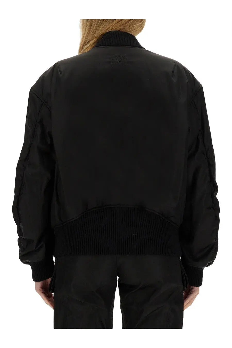 Off-White women’s black nylon bomber jacket with ribbed knit collar and cuffs featuring a sleek satin finish