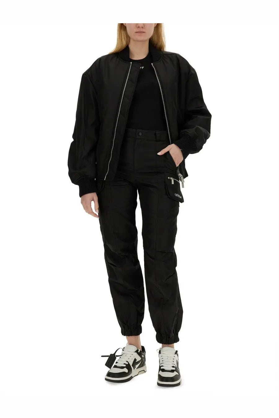 Off-white women’s black nylon bomber jacket with silver zipper trim and subtle branding on the chest