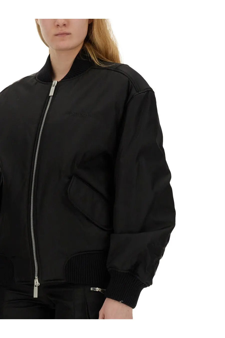 Off-white women’s black nylon bomber jacket with silver zipper and ribbed cuffs for stylish outerwear