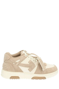 Beige suede and white leather low-top off-white women’s out of office sneaker with a prominent arrow logo on the side