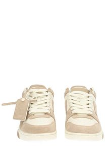 Off-White women’s out of office sneaker beige low-top in beige suede and white leather with minimalist design and lace tag