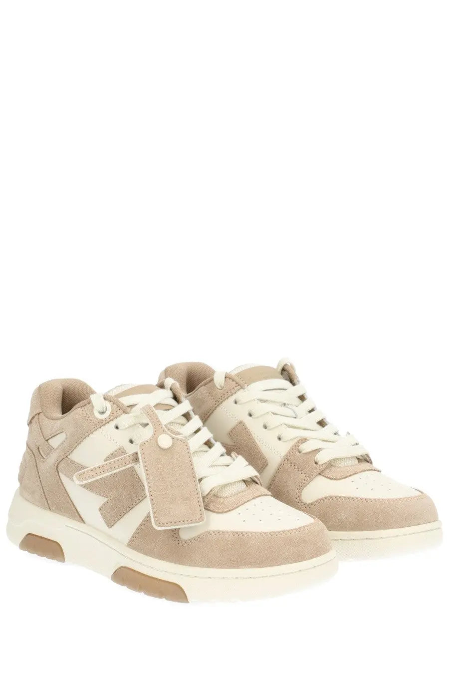 Off-White women’s out of office sneaker beige suede with white accents and a distinctive logo patch on the side