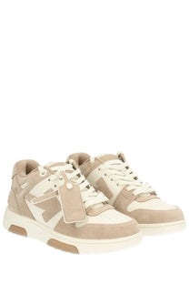 Off-White women’s out of office sneaker beige suede with white accents and a distinctive logo patch on the side
