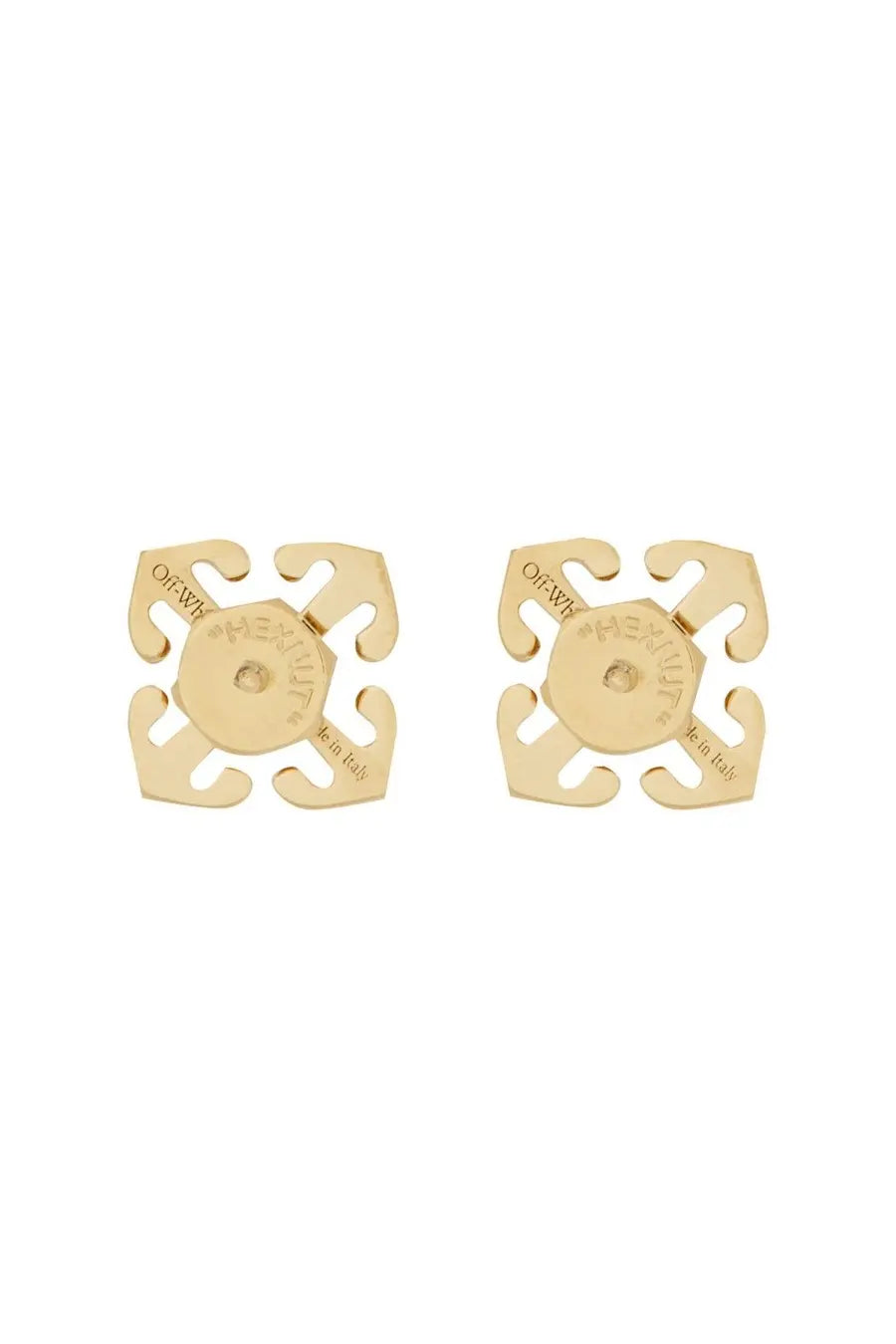 Off-white women’s orecchini arrow mini gold gold-tone metal earrings with geometric four-armed cross design back view