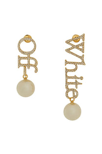 Off-white women’s orecchini con gold gold-tone letter drop earrings with sparkling crystals and cream pearl dangle