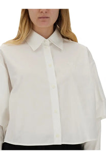Off-White women’s white poplin shirt with a white button-down blouse featuring a subtle embroidered logo on the chest