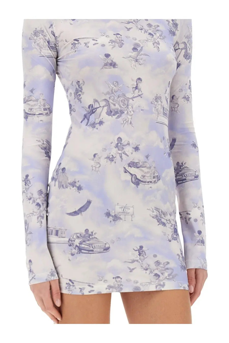 Off-White women’s serenity short dress blue long-sleeved lavender and white mini dress with vintage cherub print