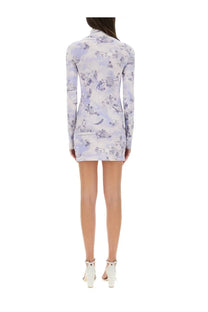 Off-white womens serenity short dress in lavender with high collar long sleeves and intricate blue toile print