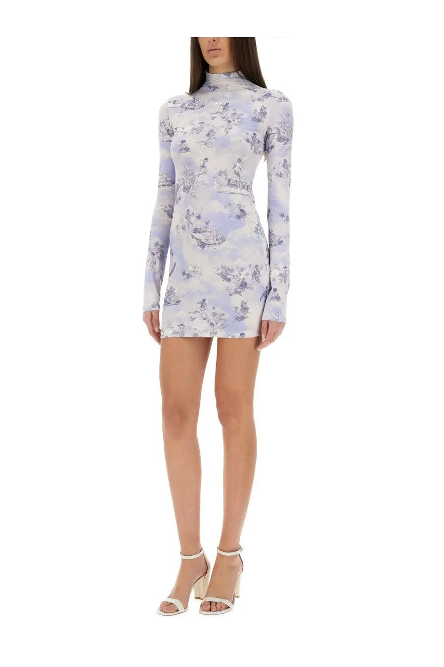 Off-white women’s serenity short dress in blue with lavender and white pattern, long sleeves, and high neckline