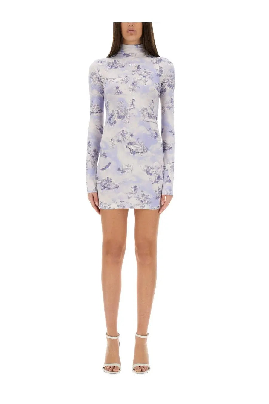Off-White women’s serenity short dress in blue with lavender and white print long sleeves and high neckline