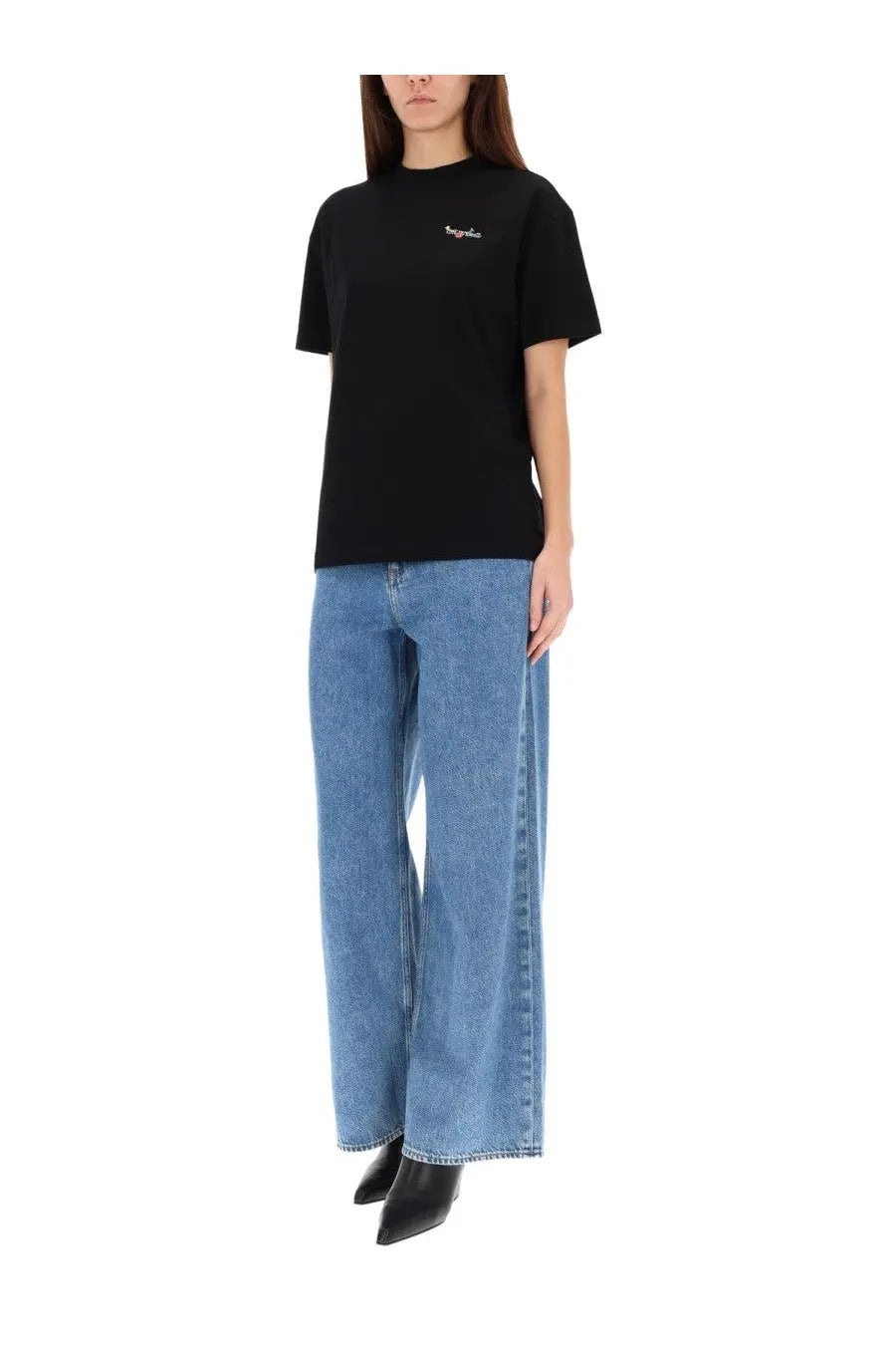 Off-white women’s black t-shirt featuring a small white Balenciaga logo on the chest, perfect for casual wear