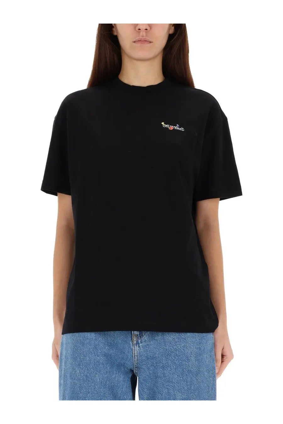 Off-White women’s black oversized t-shirt with small embroidered logo on left chest in cotton material