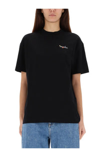 Off-White women’s black oversized t-shirt with small embroidered logo on left chest in cotton material