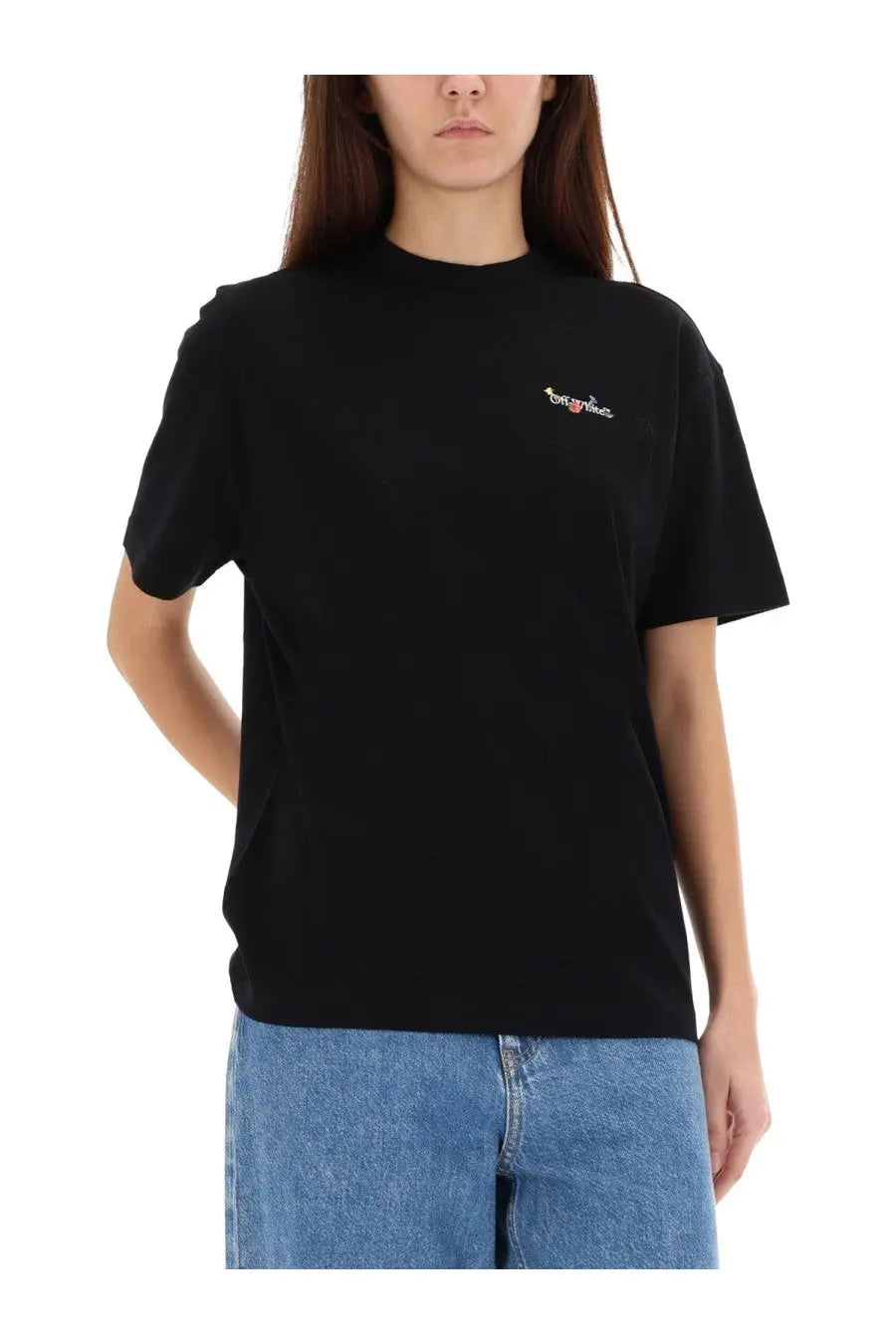 Off white women’s black short-sleeved t-shirt with small embroidered logo on the left chest in cotton material