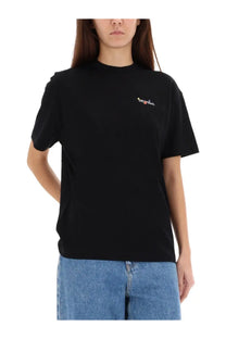 Off white women’s black short-sleeved t-shirt with small embroidered logo on the left chest in cotton material