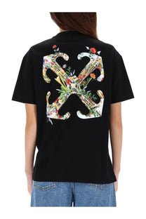 Off-white women’s black short-sleeved t-shirt with large vibrant floral print on the back