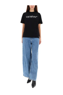 Black off-white women’s t-shirt featuring a white logo across the chest in a casual cotton fabric design