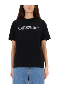 Off-White women’s black short-sleeved t-shirt with white logo across the chest in cotton fabric